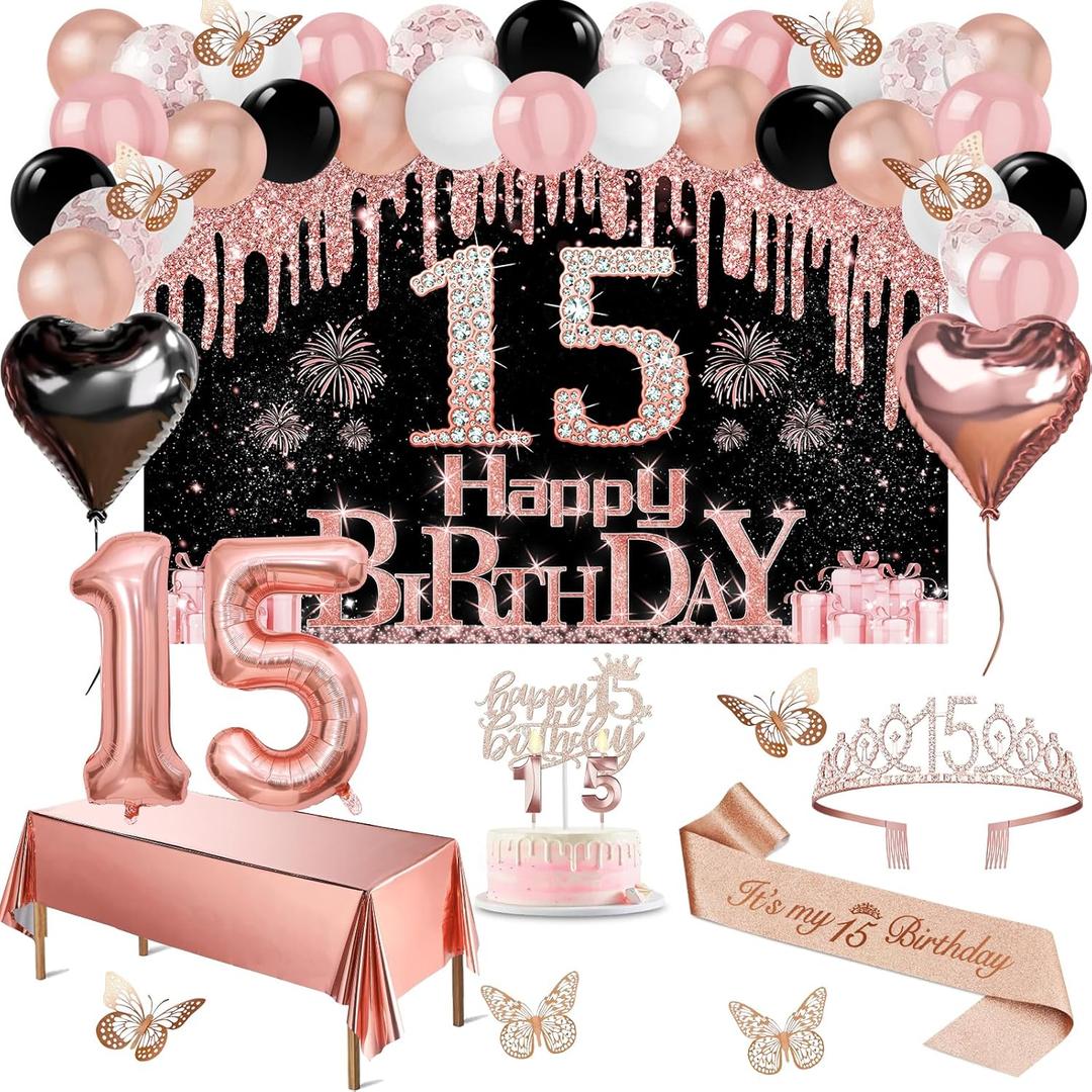 15th Birthday Decorations for Girls, 49pcs Black Rose Gold Black Banner, Tablecloth, Butterfly Decor, 15th Birthday Sash and Tiara, Cake Topper, Candles, Balloons Arch