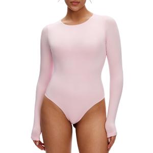 NANJI Long Sleeve Bodysuit for Women - Slim Fit Crew Neck Thong Body Suit, Stretch Double Lined Snap Tops, Casual Going Out (S)
