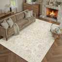 8x10 Beige Washable Area Rug for Living Room Bedroom Neutral Soft Floral Non Slip Large Throw Rug Lightweight Vintage Low Pile Distressed Carpet Office Playroom Dining Room Home Decor