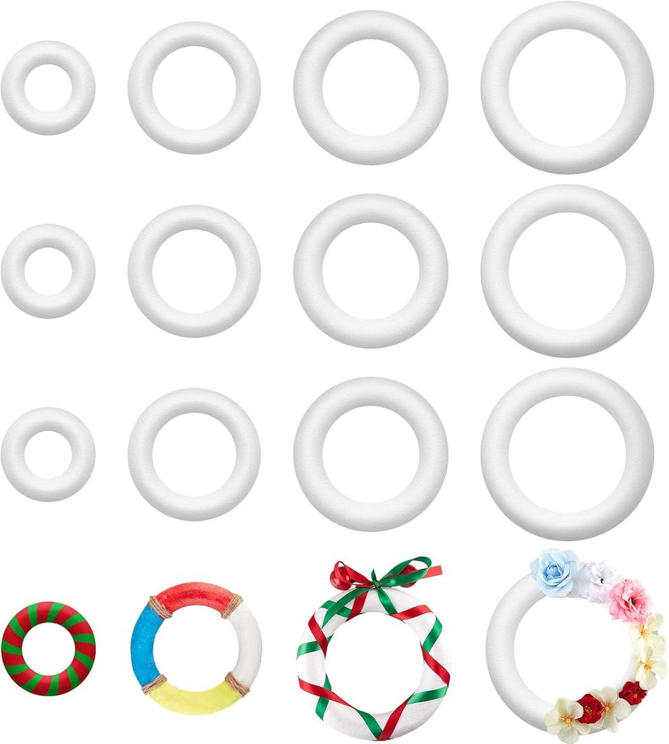 Frienda 12 Pcs Foam Wreath Forms, White Craft Rings in 4, 6, 8, 10 Inch Sizes, Round Foam Circles for DIY Floral Wedding Home Christmas Decor
