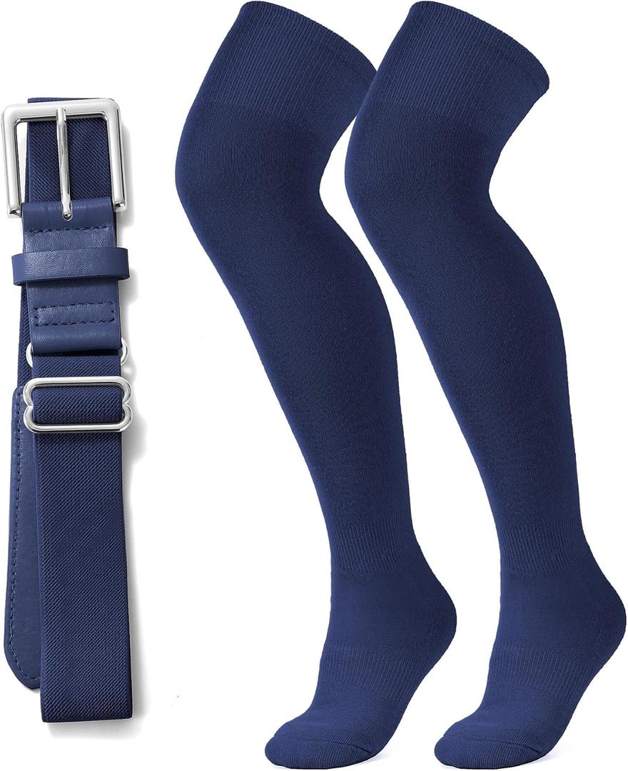 XZQTIVE Over the Knee Baseball Socks and Belt Combo Set for Youth Pink Softball Socks with Adjustable Belt (Medium, Navy Blue)