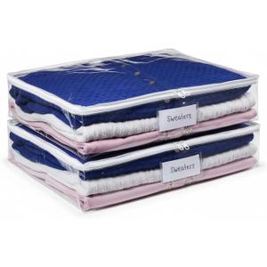 Masirs Clear Sweater Storage Bags (2-Pack) - Zippered Vinyl Organizers with Label Pocket - Protects Clothing from Dust, Dirt & Moisture - Great for Underbed, Shelves, Drawers or Closets