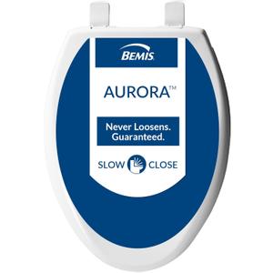Bemis Aurora Slow Close Toilet Seat, Easy Clean Hinges and Adjustable Perfect Fit Plastic Seat, Made in USA, Elongated, White