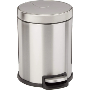 Amazon Basics Round Cylindrical Soft-Close Small Trash Can With Foot Pedal for Bathroom and small space, 5 liter/1.3 gallon, Brushed Stainless Steel