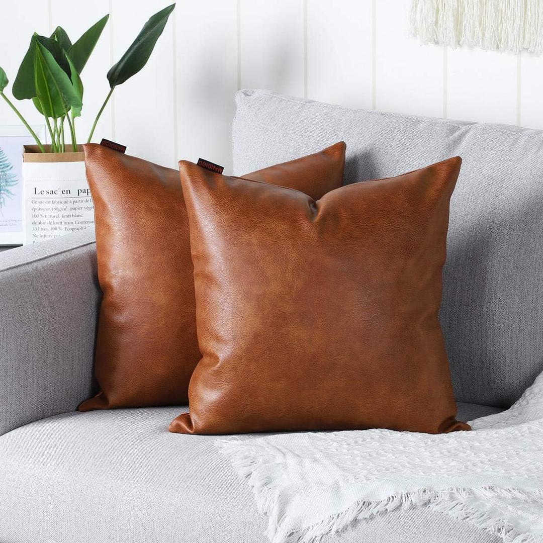 MANDIOO Set of 2 Faux Leather Decorative Throw Pillow Covers Modern Solid Outdoor Cushion Cases Luxury Pillowcases for Couch Sofa Bed 16x16 Inches Brown