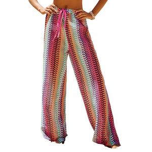 ZAFUL Womens Beach Cover Up Pants Sexy Crochet Drawstring Elastic Boho Swimsuit Cover Up Long Pants Beach Wear Multicolor M