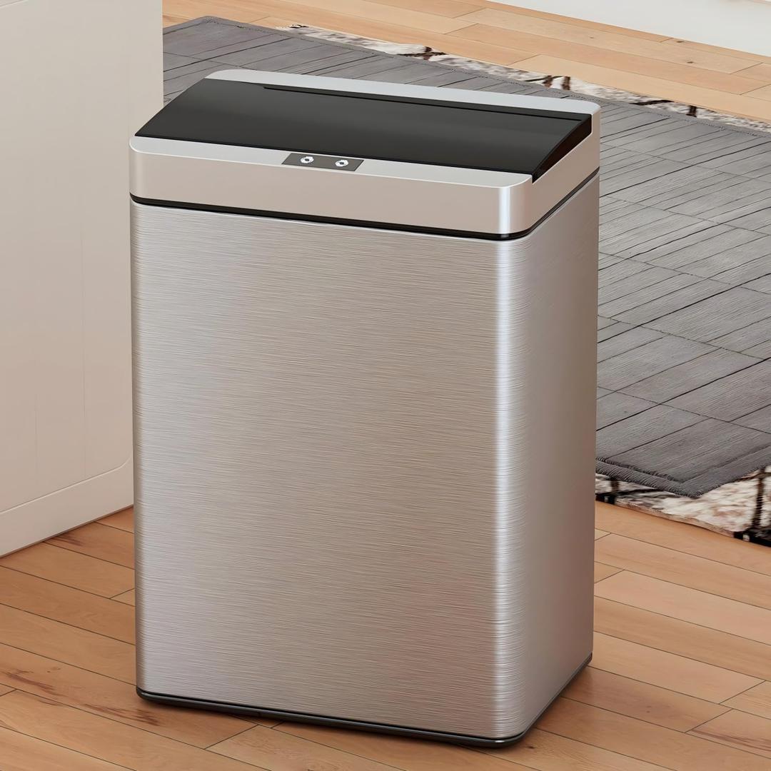 13 Gallon Trash Can Kitchen Trash Can with Lid High Capacity Garbage Can Stainless Steel Automatic Motion Sensor Trash Bin for Kitchen Bedroom Office, Silver