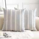 Decorative Boho Throw Pillow Covers, Farmhouse Textured Pillow Case, 18 x 18 Inch Set of 2, Chair Sofa Bedroom Living Room Home Decor Couch Cushion Case, Classic Blue and Beige Striped