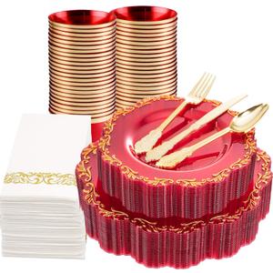 PULOTE 175PCS Clear Red Plastic Plates with Gold Rim & Gold Plastic Silverware Include 25 Dinner Plates,25 Dessert Plates,25 Knives,25 Forks,25 Spoons,25 Cups,25 Napkins for Party&Christmas