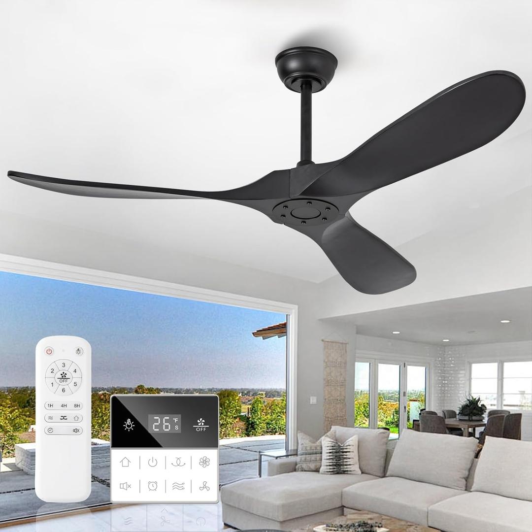 52 Inch Black Ceiling Fan No Light,Living Room Ceiling Fans Without Lights, Medium Modern 3 Blade Quiet Dc Ceiling Fans For Slanted Ceilings, Rustic Wood Ceiling Fan For Gazebo With Remote