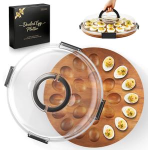 Renmxj Deviled Egg Containers with Lid (24 Eggs), 2026 Upgraded Acacia Wooden Deviled Egg Tray Platter for Party and Home Kitchen, The Lid is Dishwasher Safe (Black)