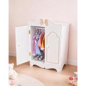 Wooden Baby Doll Closet for Accessories & Clothes, Storage Wardrobe for 16-Inch Dolls, Easy-Open Doors with Built-in Hanging Rod, Magnetic Closure, Includes 10 Hangers & DIY StickersNot Doll, 13.19 inches