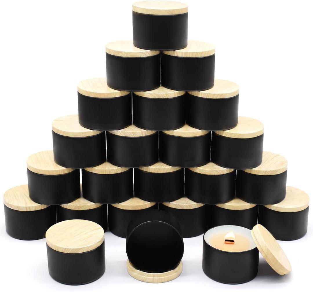24-Pack 8oz Candle Tins with Wood-Grain Printing Lids, Metal Candle Jars for Candle Making, Bulk Empty Containers for Beginners & DIY Storage - Wood Black