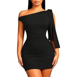 HAWILAND Women One Off The Shoulder Bodycon Mini Dress Sleeveless Ruched Tie Shoulder Club Party Short Dress, Large