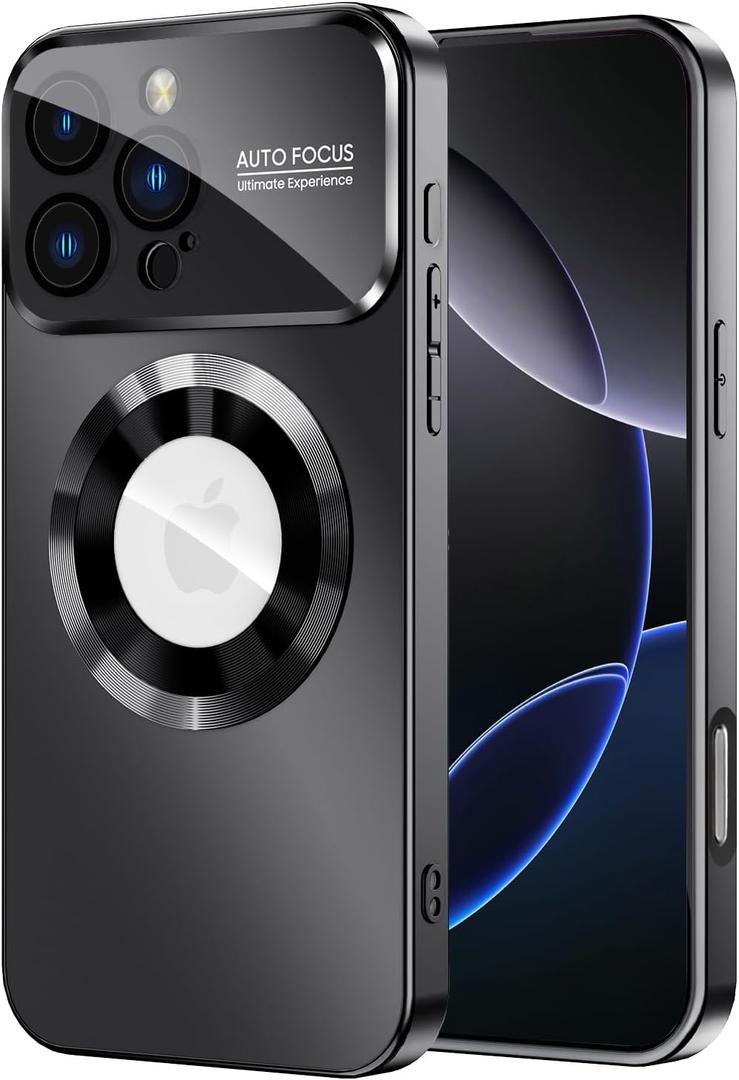 MAKAVO Magnetic for iPhone 16 Pro Max Case, Compatible with MagSafe, Built-in Camera Lens Protector, Logo View, Military Grade Drop Protection Phone Cover, Black