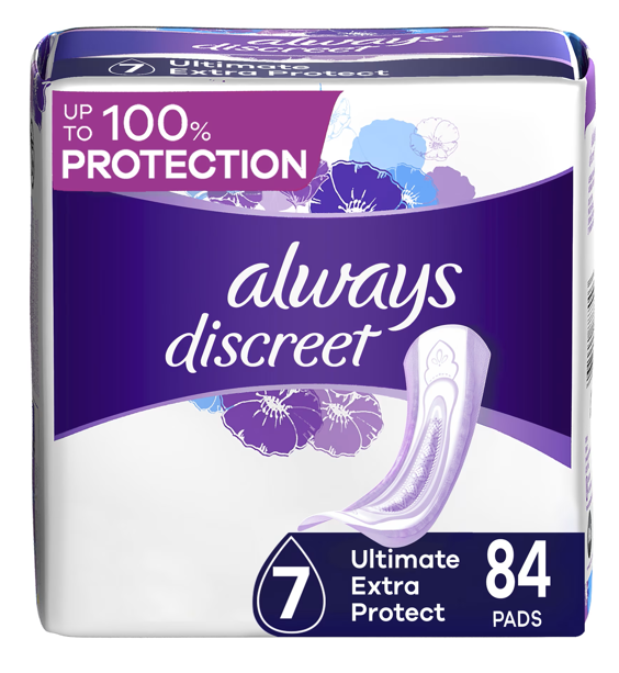Always Discreet Ultimate Extra Protect Postpartum Incontinence Pads, Extra Heavy Absorbency, 84 Ct