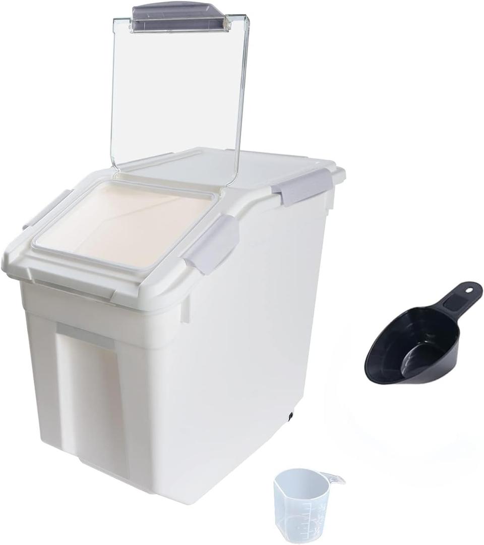Airtight Flour Storage Container 25 lb Rice Storage Container with Wheels Seal Locking Lid, Food Containers with Measuring Cup& Scoop for Flour, Rice, Grain(Gray)