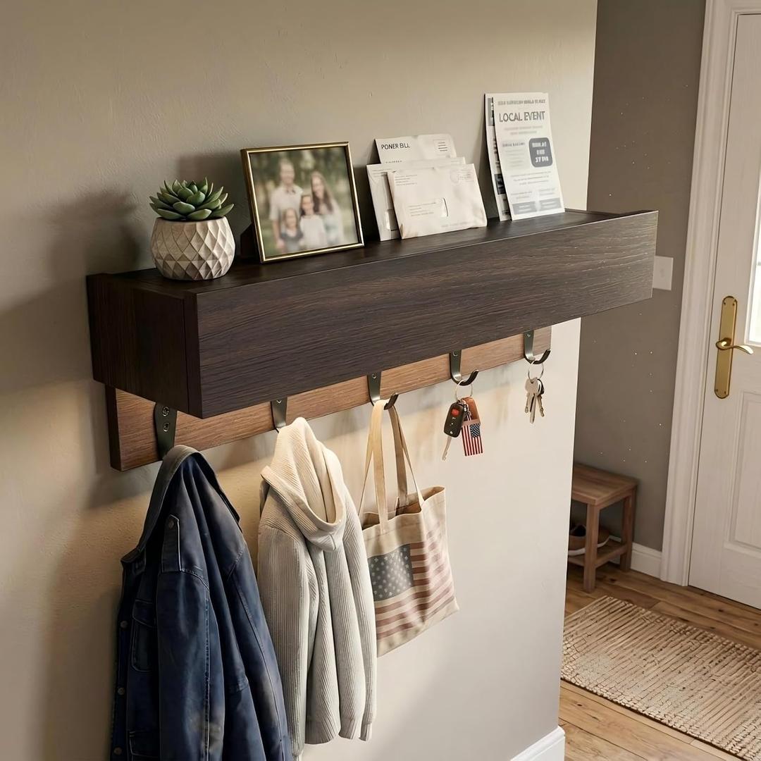 24" Wall Mounted Coat Rack with LED Light, Hidden Storage & 5 Hooks