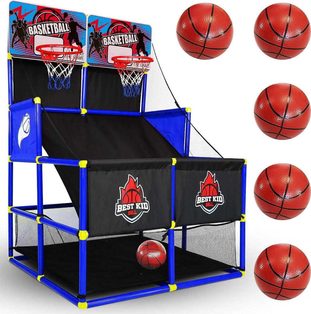 BESTKID BALL Arcade Basketball Hoop Game - Indoor Basketball Hoop for Kids - Exciting Arcade Games for Kids - Ideal Basement Toys for Active Indoor Sports Play - Endless Entertainment - Blue Double