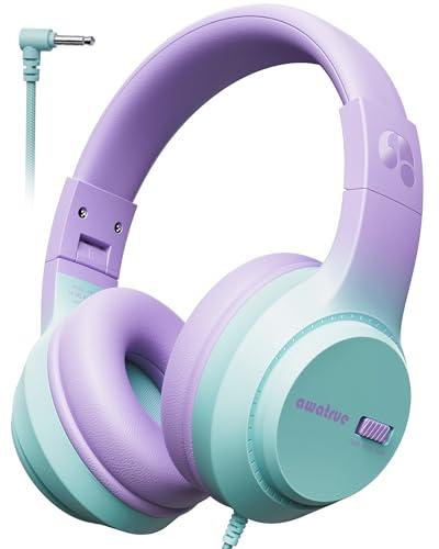 awatrue Kids Headphones, 74/85/94dB Volume Limiter, Foldable Wired Over Ear Headphones for Travel, 3.5mm Jack, Toddler Headphones for School, Chromebook, iPad, Tablet, Purple Green