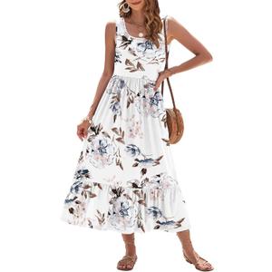 AUSELILY Womens Summer Dresses Floral Sleeveless Tiered Maxi Dress Pockets | Square neckline balances the tiered shape, Wedding guest dress for receptions, Style with sandals (S)