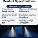 Ebike Headlight 2 Pin, Ebike Front Light for 36V 48V Battery Systems, Waterproof Connector Electric Bike Front Light, Fit for Electric Bicycles/Mountain Bikes/Scooters, 12V-60V