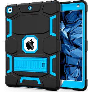 CCMAO iPad 9th Generation Case, iPad 8th/7th Generation Case, iPad 10.2 2021/2020/2019 Case with Kickstand, Heavy Duty Shockproof Hybrid Three Layer Protective Cover for Kids Boy Girl, Black+Sky Blue (01 Black+Sky Blue)