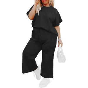 Imily Bela Womens Plus Size 2 Piece Sets Summer Vacation Outfits Short Sleeve Tops and Wide Leg Pants Matching Lounge Set (XX-Large, Black)