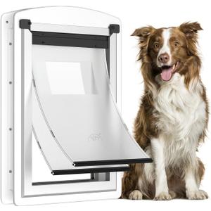 [MAVRICTECH] Large Dog Door for Door - Dog Door for Exterior Door with Telescoping Tunnel, Steel Frame, Magnetic Double Flaps, 2 Sliding Locks, Weatherproof, Fits Pets Up to 110LBS, White