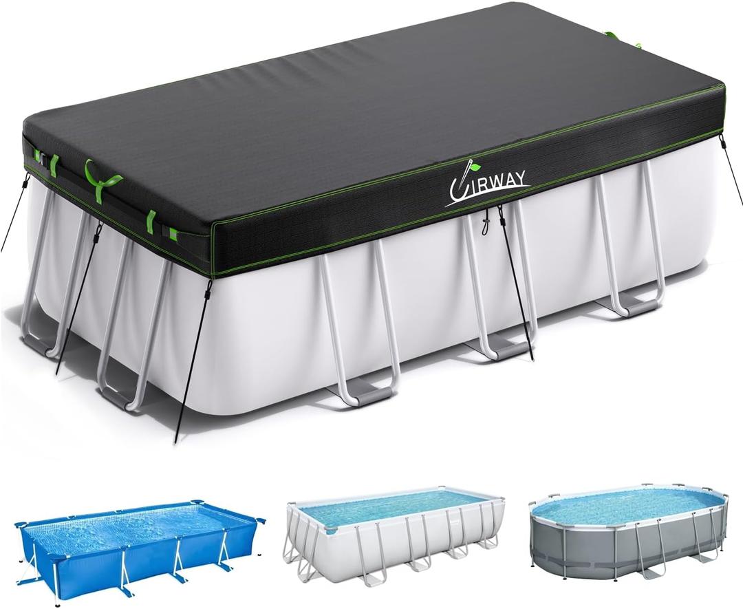 UIRWAY 12x18 FT Rectangular Pool Cover with Reflective Strips, Swimming Pool Cover for Above Ground Pool, Solar Cover Including Rope Tie and Luminous Ground Nails for Rectangular or Oval Pools