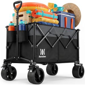 Navatiee 330Lbs Collapsible Folding Wagon, Beach Wagon Cart Heavy Duty Foldable with Big Wheels, Utility Grocery Wagon with 165L Large Capacity for Camping Garden Sports, Black