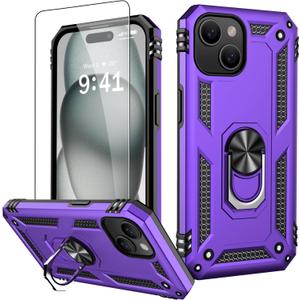 IKAZZ for iPhone 15 Plus Case 6.7 Inch with Screen Protector,Military Grade Shockproof Heavy Duty Protective Phone Cover Pass 16ft Drop Test with Magnetic Kickstand Car Holder,Purple