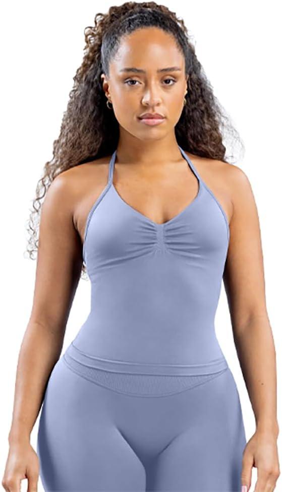 Impact Longline Strappy Top Women Impact Longline Halter Tops Workout Longline Tank Top Compression Gym Fitness (Purple, L)