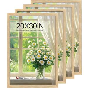 20x30 Poster Frame 4 Pack, Natural Oak Wood Picture Frame with Polished Plexiglass, Wall Hanging
