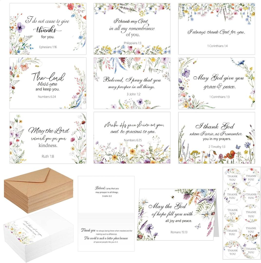 50 Pack Religious Christian Thank You Cards Bulk with Scripture and Envelopes Bible Verse Greeting Cards of Encouragement Inspirational Baptism Note Cards, 4 x 6 Inch (Wildflower)