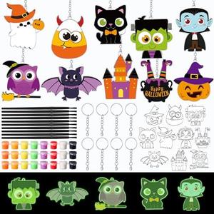Capoda 30 Set Halloween Glow in The Dark Crafts Kit Pumpkin Boo Bat Luminous DIY Keychains Unfinished Make Your Own Suncatcher Paint Keychains for Halloween Party Favors Supplies Activities
