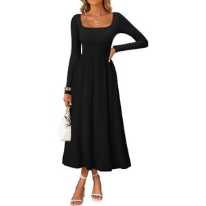 ZESICA Spring Dresses for Women 2025 Elegant Classy Square Neck Long Sleeve Flowy Wedding Guest Party Midi Dress (Black, XL)