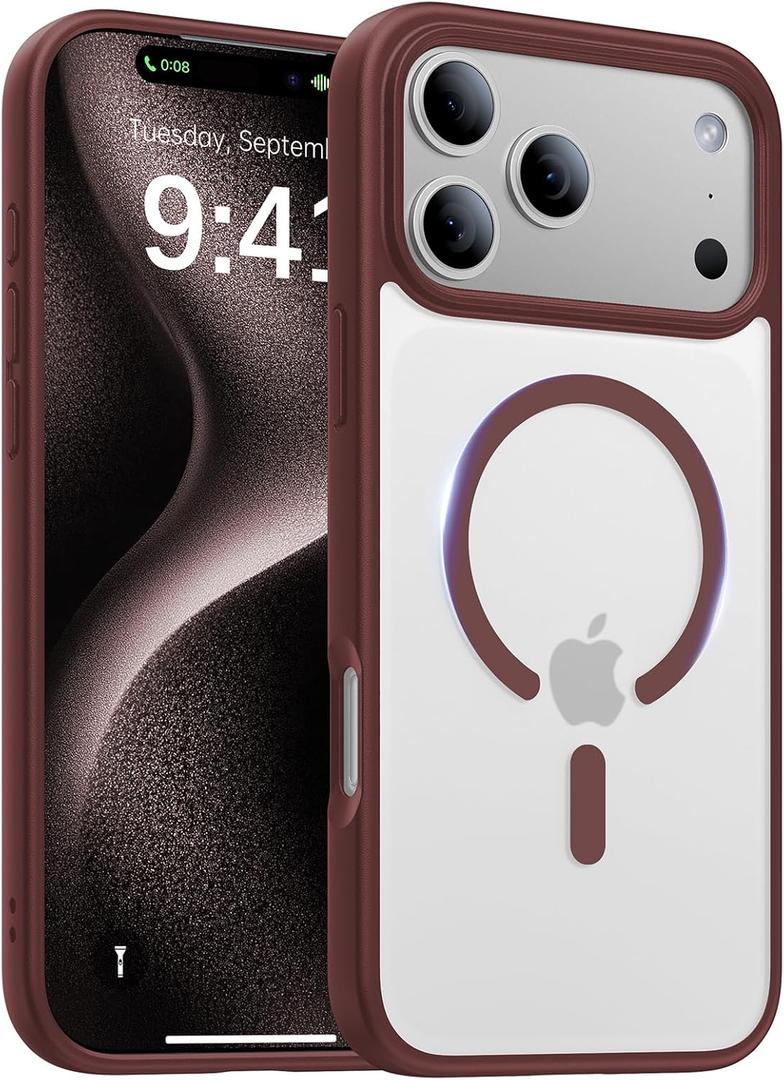 2 x Magnetic for iPhone 17 Pro Max Case,[Anti-Slip][Compatible with MagSafe][Military Grade Drop Protection] Shockproof Protective Translucent Phone Case for iPhone 17 Pro Max Case,Wine Red