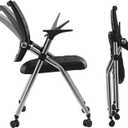 Foldable Office Chair,Folding Office Chair with Wheels, Leather Conference Training Chairs,Portable Padded Office Chairs. Backrest Bouncy,for Home Office Conference Gaming.Black(1 Pcs)