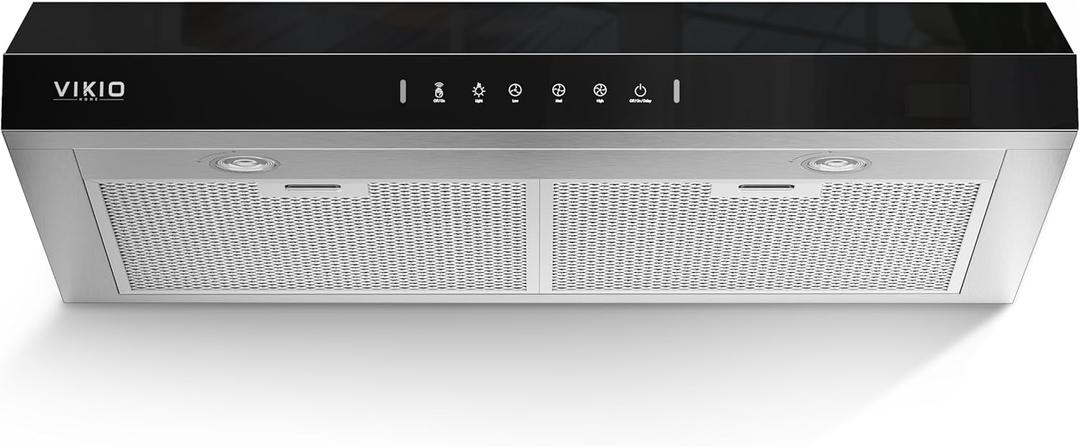 VIKIO HOME Under Cabinet Range Hood 30 Inch, 900 CFM Dual Centrifugal Motor, 3-Speed Ducted Kitchen Vent, Reusable Filters, Stainless Steel Kitchen Hood with LED Lights, Low Noise, Glass Black