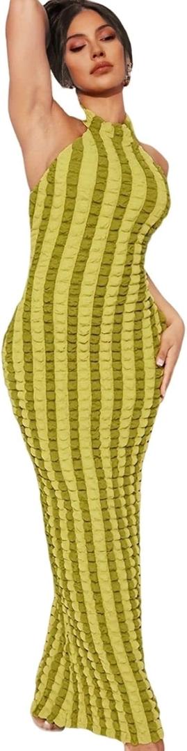 Womens Casual Sexy Halter Sleeveless Sundresses Bubble Textured Backless Prom Cocktail Maxi Dresses (Large, Green)