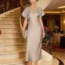 RIHOAS Midi Cocktail Dresses for Women Wedding Guest V Neck Ruffle Spring Summer A Line Formal Dress Flowy Party Gown Wedding (Beige, M)