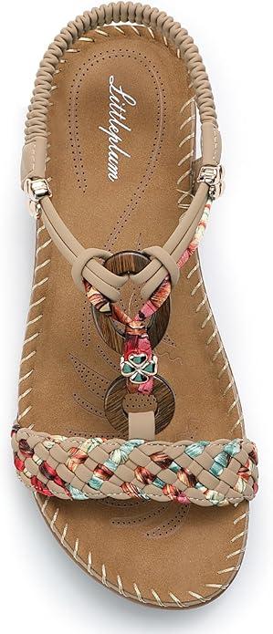 Littleplum Women Sandals Arch Support Handmade Bohemian Braided Flat Sandals Comfort Walking Beach Ankle Elastic Summer Shoes, Size 40