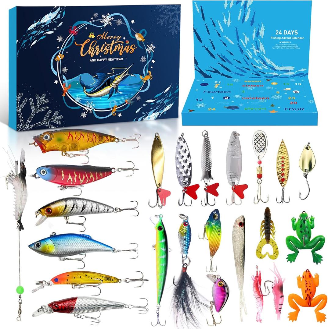 Fishing Advent Calendar 2025, Fishing Lure Set - 24 Days of Christmas Countdown Calendar, for Fishing Lovers, Christmas Gifts for Dad Men & Stocking Stuffers for Men