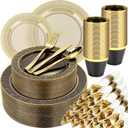 350PCS Clear Black Plastic Plates for 50 Guests, Disposable Dinnerware Set for Party and Graduation, Includes 100 Plastic Plates, 50 Pre Rolled Napkins with Gold Silverware, 50 Cups