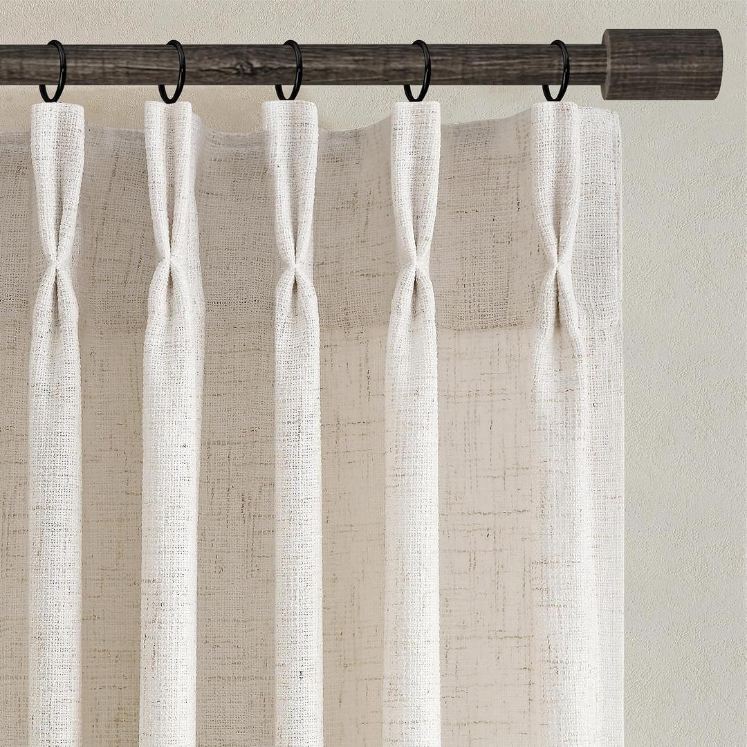 Joywell 96 Inch Linen Pinch Pleated Curtains - Thick Semi Sheer Light Filtering 8ft Drapes, Ceiling to Floor 2 Panel Set Back Tab Cream Natural Farmhouse for Living Room Bedroom with Clip Rings, 40"W x 96"L