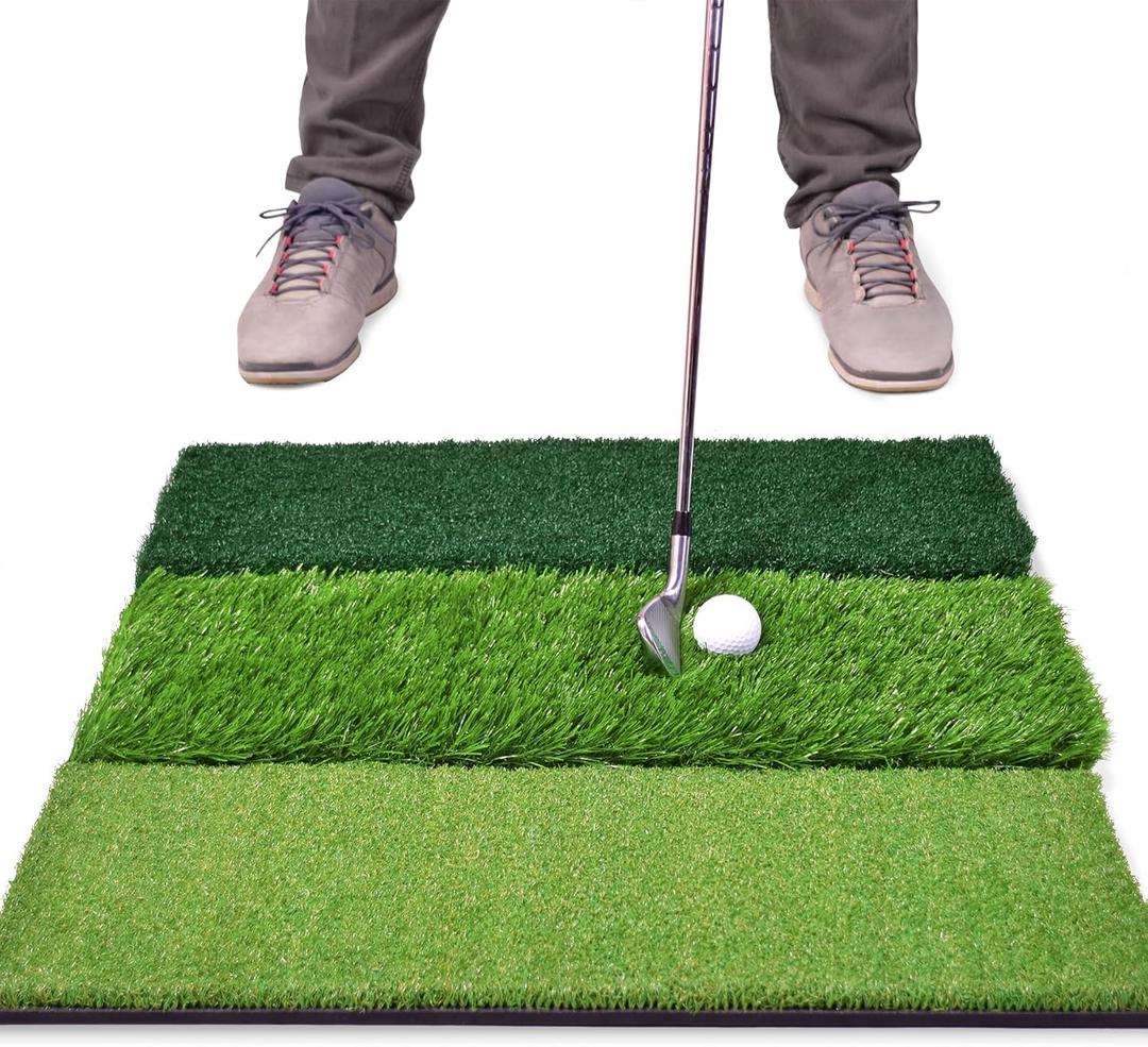 GoSports Tri-Turf XL Golf Practice Hitting Mat - Huge 24 Inch x 24 Inch for Optimal Practice + Golf Balls
