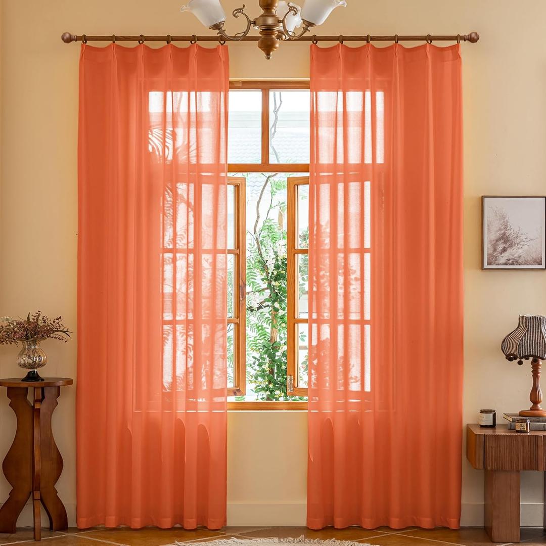 Orange Sheer Curtains 84 Inch Length Pinch Pleated Semi Voile Sheer Curtains for Bedroom Living Room Soft Touch Light Filtering Drapes(Mandarin Orange, 42 W x 84 L, 2 Panels)