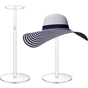Acrylic Hat Stand and Wig Display Rack, 2pcs 17" Clear Hat Stands, Adjustable Height Hat Holder, Round Barbell Base