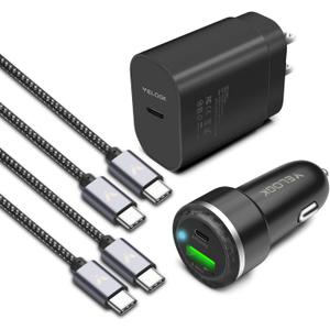 Super Fast Charger Type C Kit, VELOGK 25W PD PPS USB C Wall/Car Charger for Samsung Galaxy S26/S25/S24/S23 Ultra/S23+/S23/S22/S21/S20/Plus/Ultra/FE, iPad, with 2X Nylon USB C-to-C Cable(10ft+3.3ft)